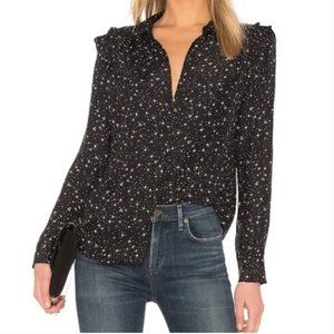 FRAME Diamond Sky Star Silk Print Blouse Black White Button Down Ruffle Top